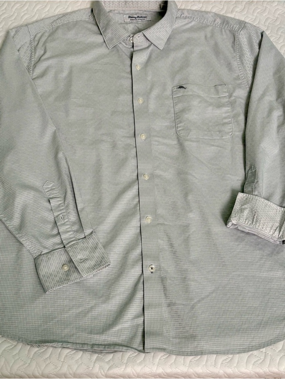 Tommy Bahama Shirt Mens XXL Blue/Grey Sarasota Stretch ButtonUp Shirt Flip Cuff